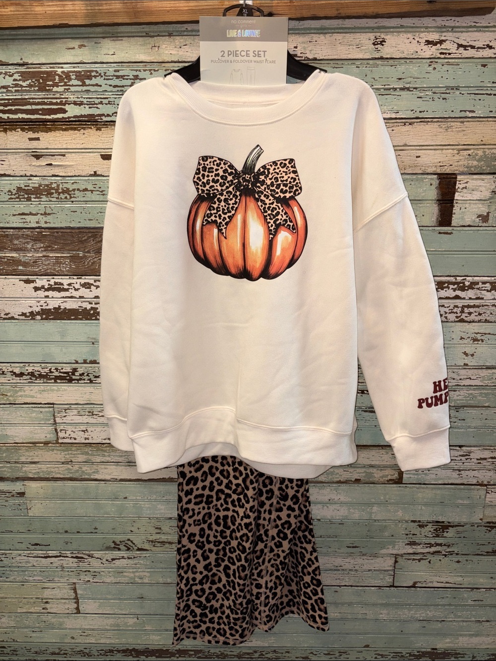 White Pumpkin Graphic Sweatshirt with Leopard Bow